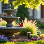 Birds on garden water fountain